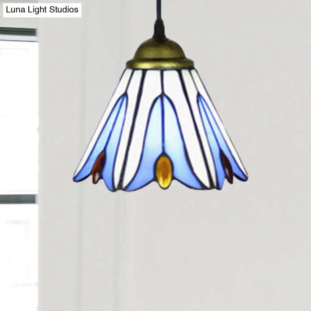 Tiffany-Style Handcrafted Blue Art Glass Pendant Ceiling Lamp With Flower Pattern - Wide Flare 1
