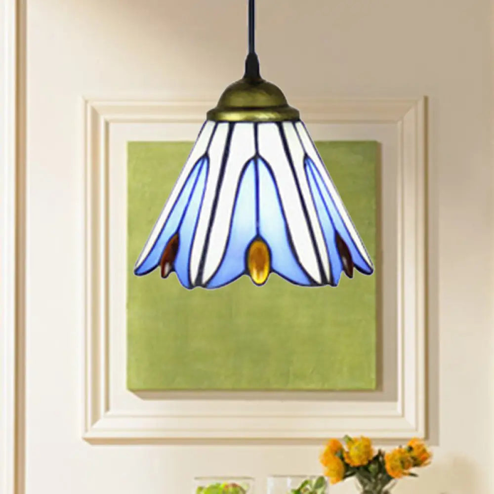 Tiffany-Style Handcrafted Blue Art Glass Pendant Ceiling Lamp With Flower Pattern - Wide Flare 1