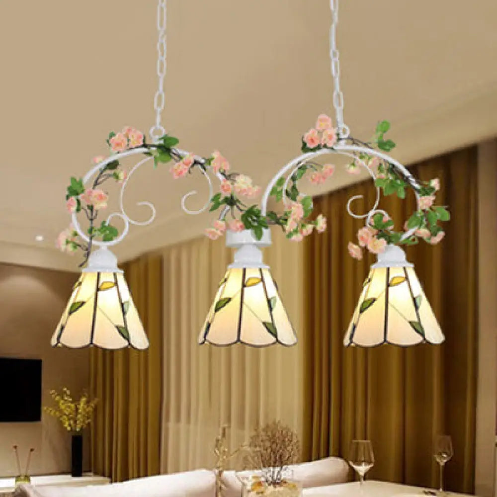 Tiffany Style Island Pendant Light Kit With Stainless Glass Cone Shades - Pink/White 3 Heads Leaf