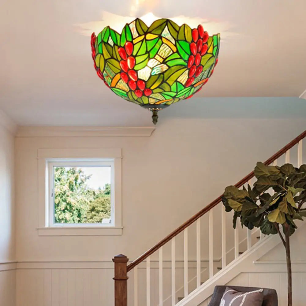 Tiffany-Style Leafy Ceiling Flush Mount Light Fixture - 2/5 Heads Bronze 12’/16.5’ Width / 12’