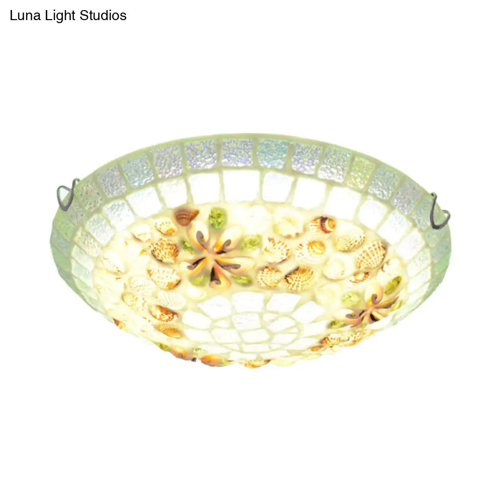 Tiffany-Style Led Flush Mount Lamp With Beige Shell Bowl Shade - Bedroom Ceiling Light Fixture