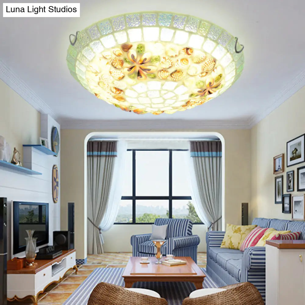 Tiffany-Style Led Flush Mount Lamp With Beige Shell Bowl Shade - Bedroom Ceiling Light Fixture