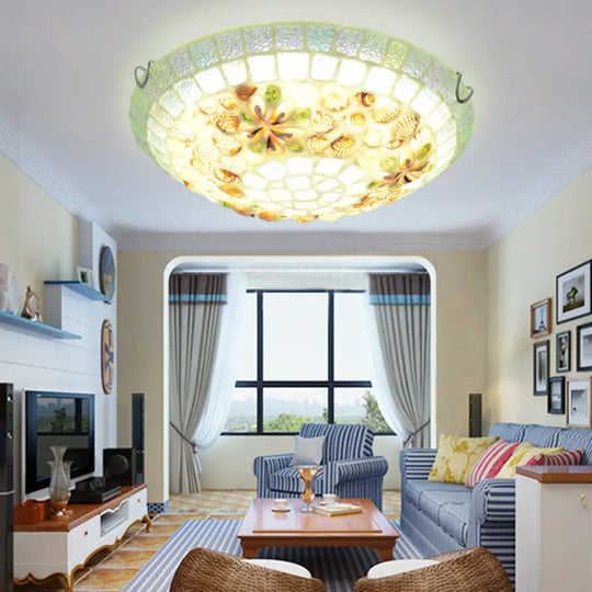 Tiffany - Style Led Flush Mount Lamp With Beige Shell Bowl Shade - Bedroom Ceiling Light Fixture