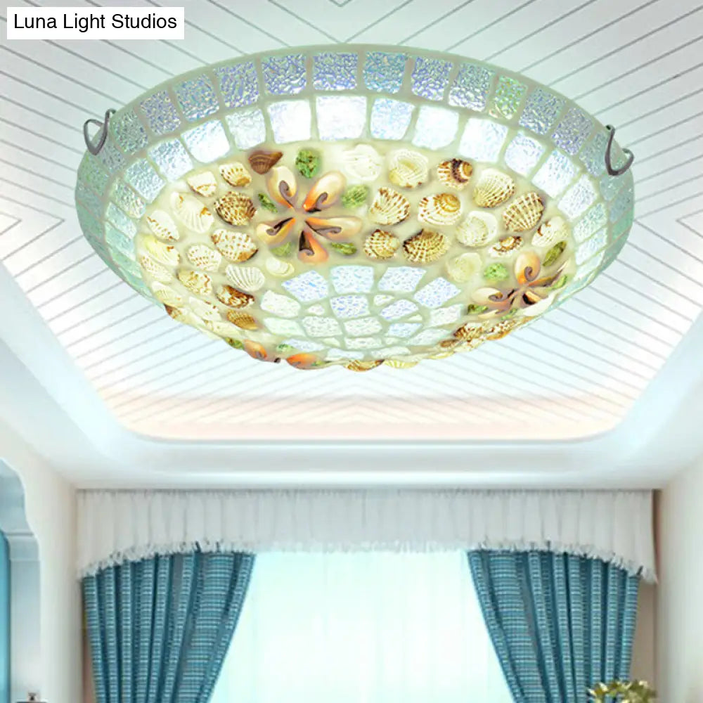 Tiffany-Style Led Flush Mount Lamp With Beige Shell Bowl Shade - Bedroom Ceiling Light Fixture