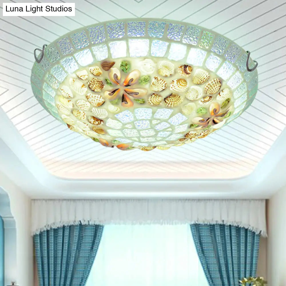 Tiffany - Style Led Flush Mount Lamp With Beige Shell Bowl Shade - Bedroom Ceiling Light Fixture