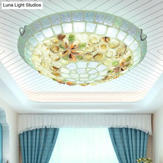 Tiffany - Style Led Flush Mount Lamp With Beige Shell Bowl Shade - Bedroom Ceiling Light Fixture