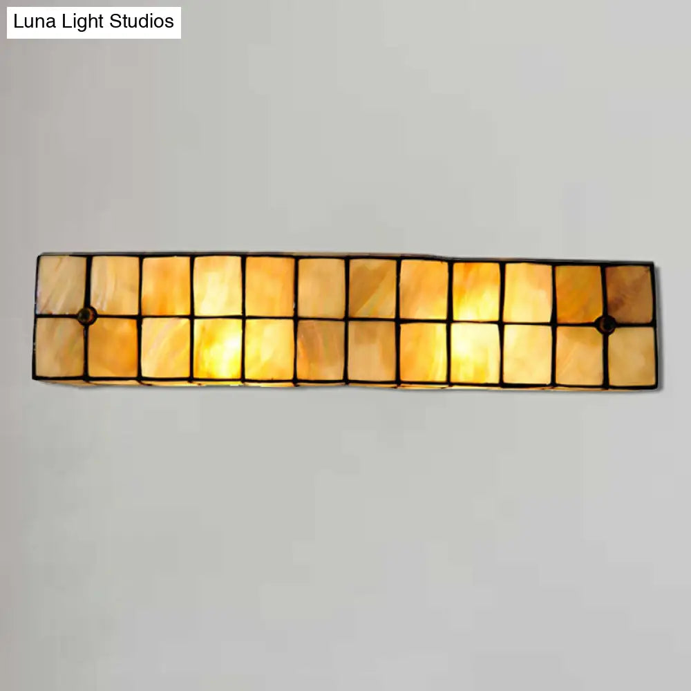 Tiffany Style Linear Wall Light With Square/Flower Pattern - 2 Lights Shell Sconce In Beige For