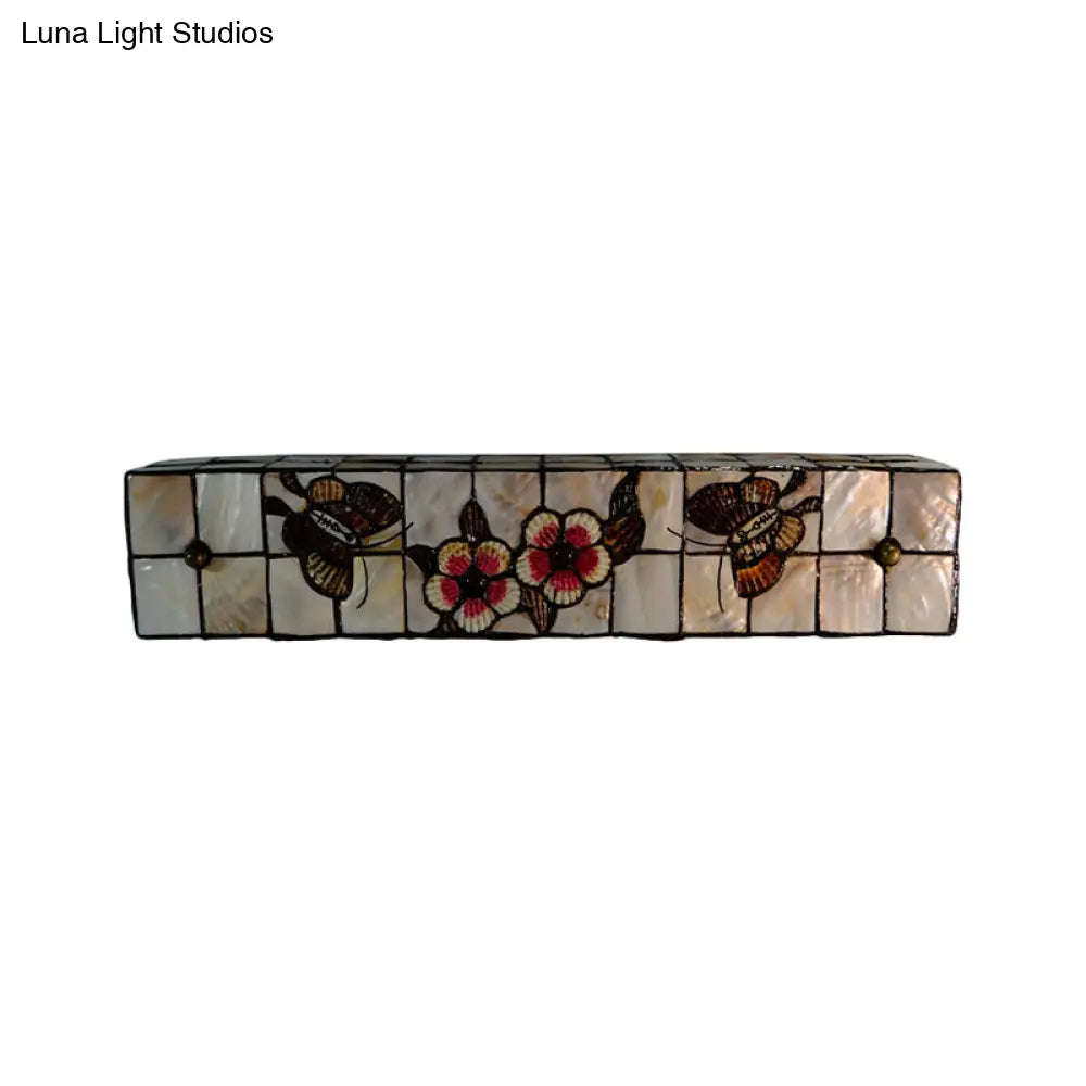 Tiffany Style Linear Wall Light With Square/Flower Pattern - 2 Lights Shell Sconce In Beige For