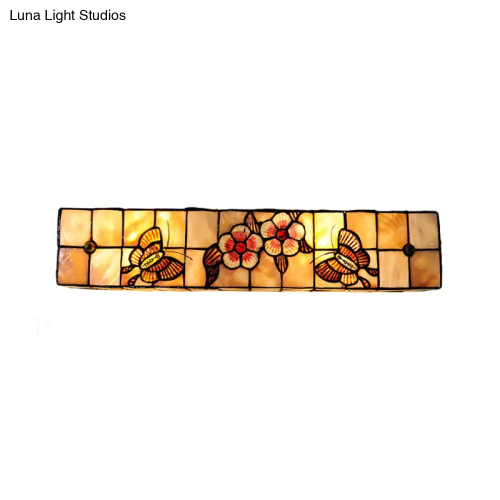 Tiffany Style Linear Wall Light With Square/Flower Pattern - 2 Lights Shell Sconce In Beige For