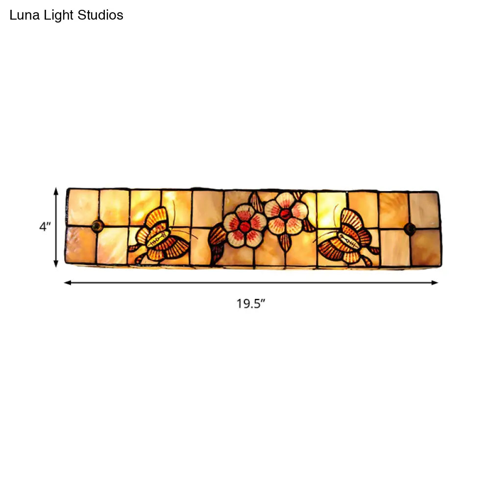 Tiffany Style Linear Wall Light With Square/Flower Pattern - 2 Lights Shell Sconce In Beige For