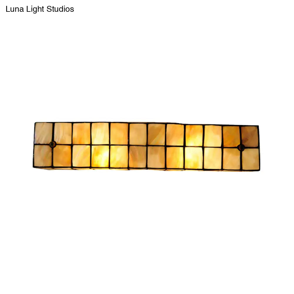 Tiffany Style Linear Wall Light With Square/Flower Pattern - 2 Lights Shell Sconce In Beige For