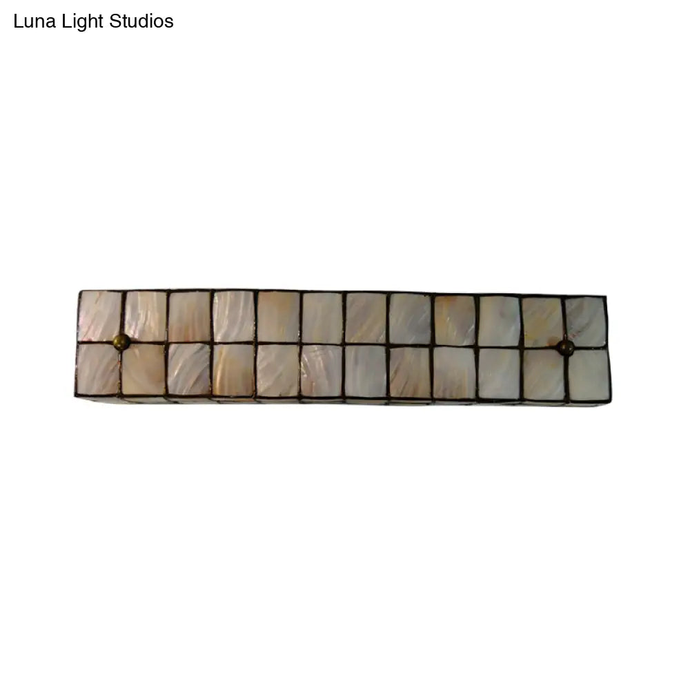 Tiffany Style Linear Wall Light With Square/Flower Pattern - 2 Lights Shell Sconce In Beige For