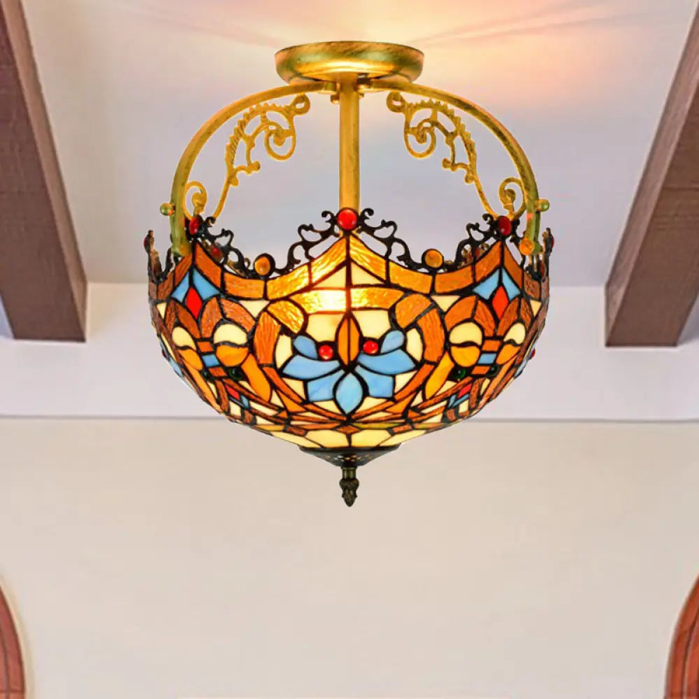 Tiffany Style Lotus Stained Glass Ceiling Fixture - Semi Mount Brown Ideal For Dining Room Lighting