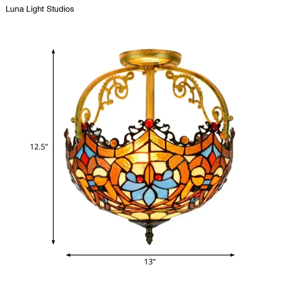 Tiffany Style Lotus Stained Glass Ceiling Fixture - Semi Mount Brown Ideal For Dining Room Lighting