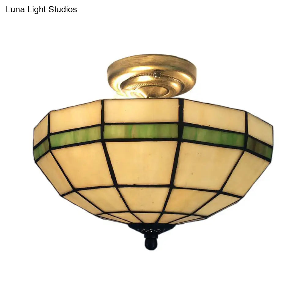 Tiffany Style Mission Ceiling Light: Stained Glass Semi Flush Mount With Geometric Shade Green