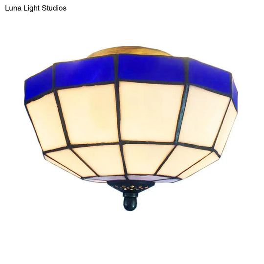 Tiffany Style Mission Ceiling Light: Stained Glass Semi Flush Mount With Geometric Shade Dark Blue