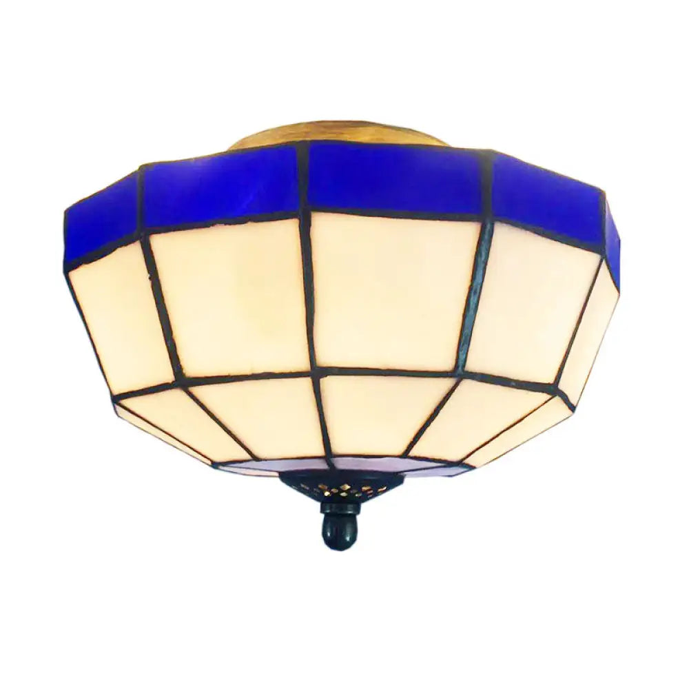Tiffany Style Mission Ceiling Light: Stained Glass Semi Flush Mount With Geometric Shade Dark Blue