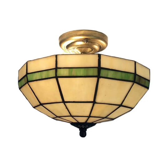 Tiffany Style Mission Ceiling Light: Stained Glass Semi Flush Mount With Geometric Shade Green