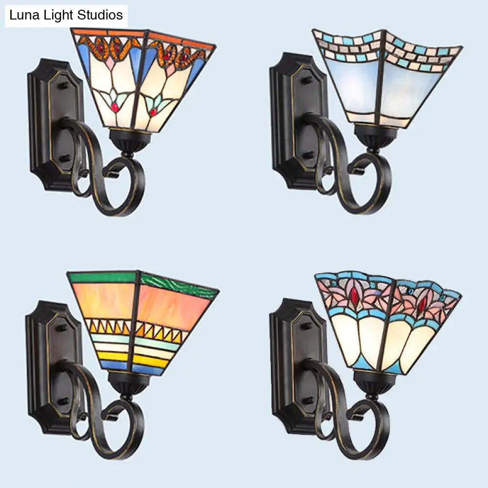 Tiffany Style Mission Stained Glass Wall Sconce In Pink/Brown/Orange-Yellow/Light Blue - Geometric