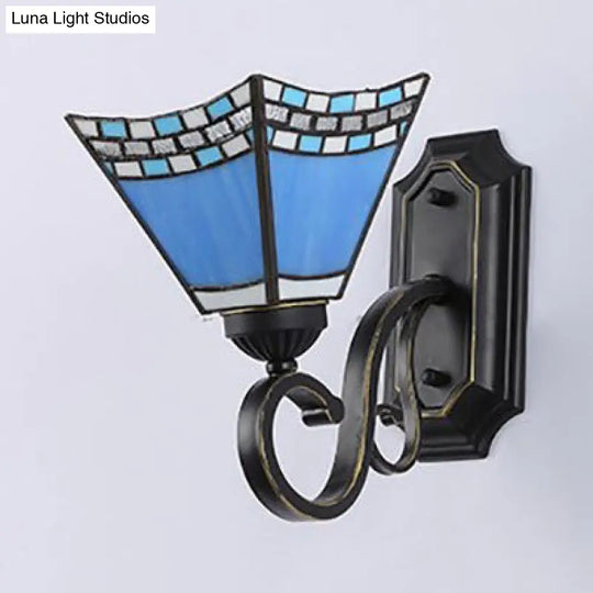 Tiffany Style Mission Stained Glass Wall Sconce In Pink/Brown/Orange-Yellow/Light Blue - Geometric