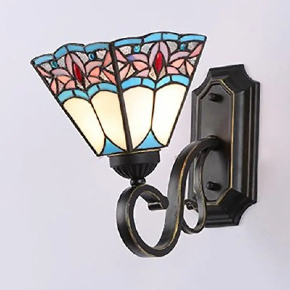 Tiffany Style Mission Stained Glass Wall Sconce In Pink/Brown/Orange-Yellow/Light Blue - Geometric