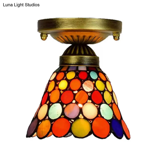 Tiffany Style Multicolor Glass Bedroom Ceiling Light: Cone Shade Semi Flush Mount Antique Brass / 6