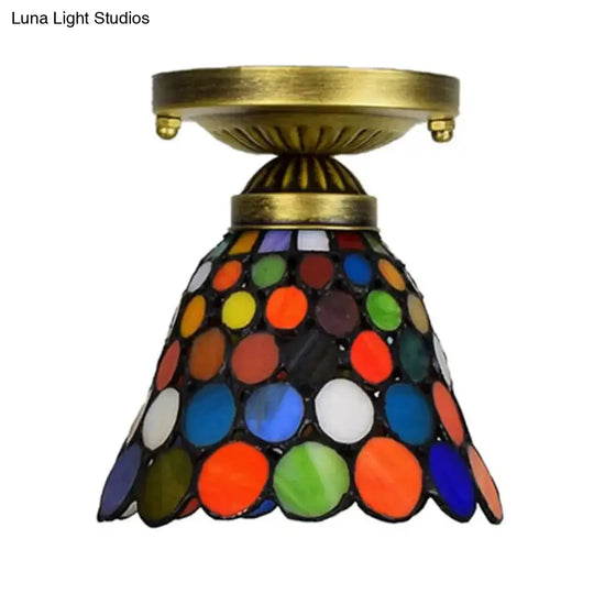 Tiffany Style Multicolor Glass Bedroom Ceiling Light: Cone Shade Semi Flush Mount