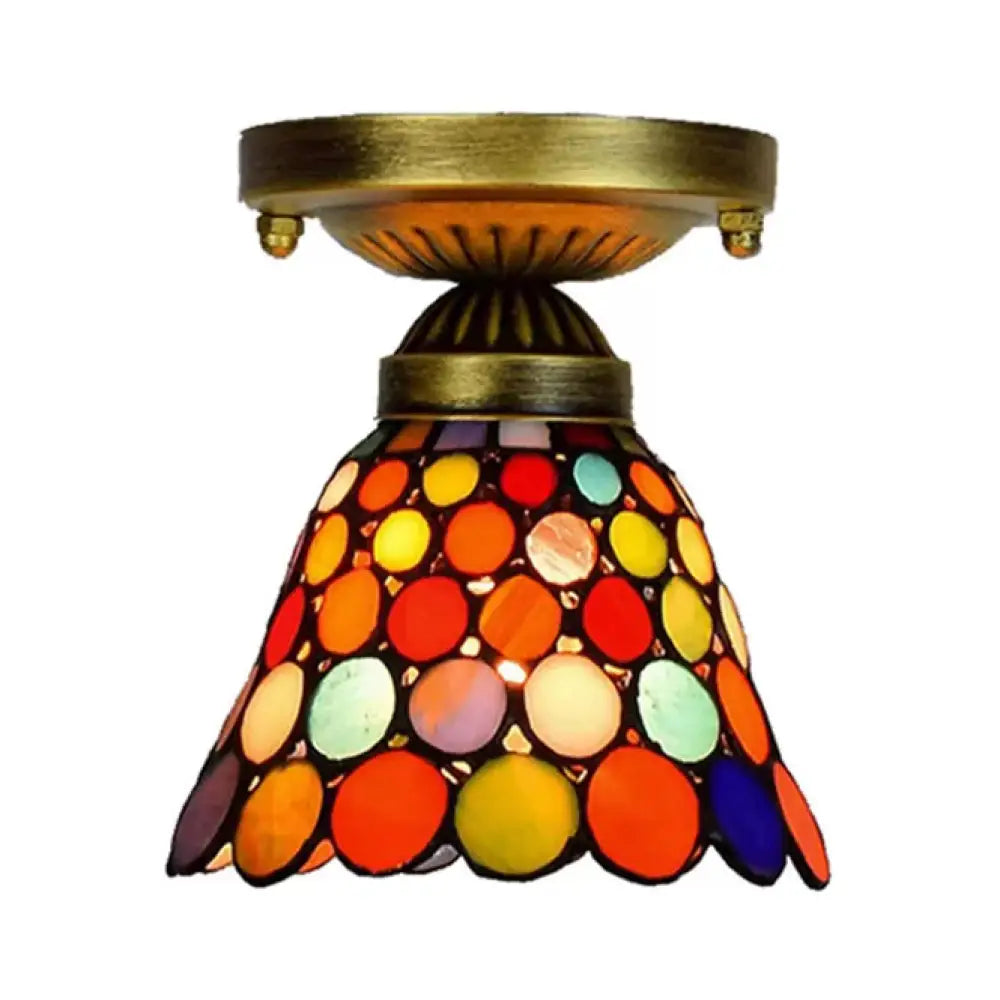 Tiffany Style Multicolor Glass Bedroom Ceiling Light: Cone Shade Semi Flush Mount Antique Brass / 6’
