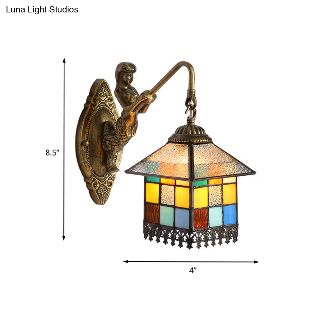 Tiffany Style Multicolor Stained Glass Wall Sconce Light - Brass House 1-Head Mount