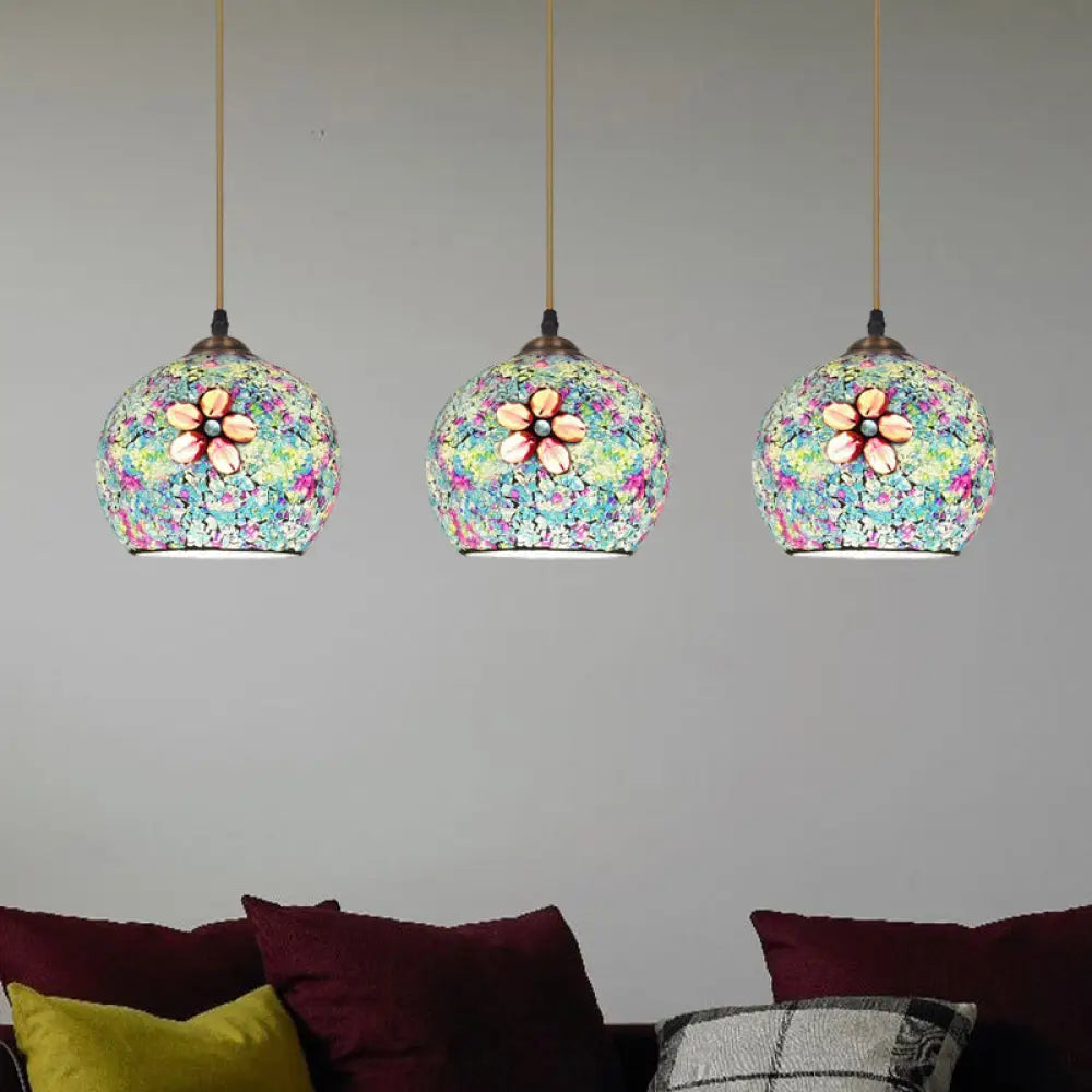 Tiffany-Style Multicolored Flower Glass Hanging Light With 3 Heads In Bronze