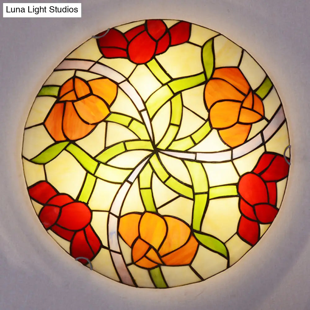 Tiffany-Style Multicolored Stained Glass Flower Flush Mount Ceiling Light Fixture