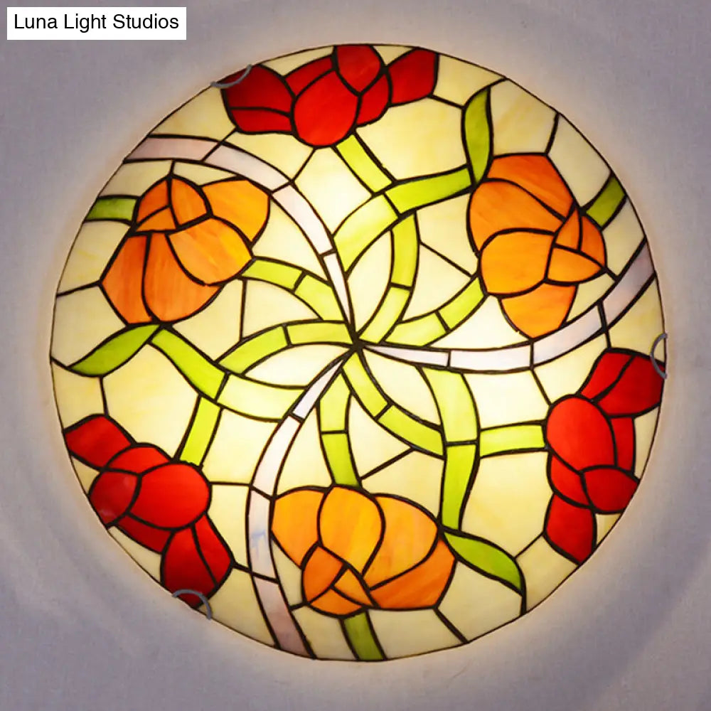 Tiffany - Style Multicolored Stained Glass Flower Flush Mount Ceiling Light Fixture