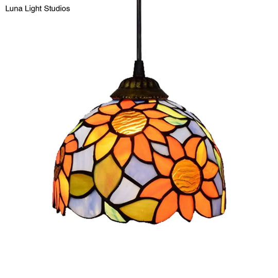 Tiffany-Style Domed Stained Glass Pendant Light - Orange-Blue Ceiling Hanging Lamp