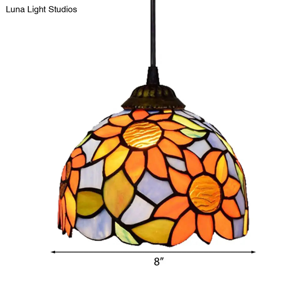 Tiffany-Style Domed Stained Glass Pendant Light - Orange-Blue Ceiling Hanging Lamp