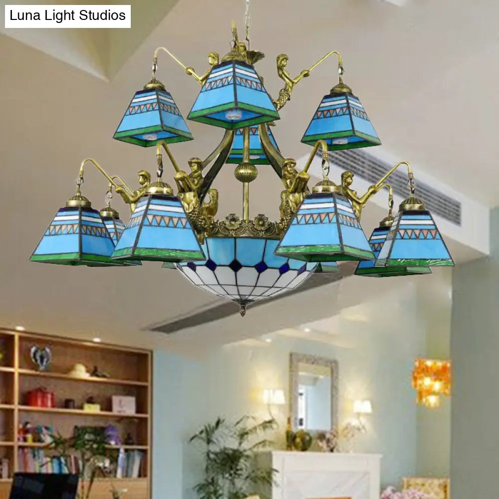 Pyramid Chandelier Tiffany-Style Stained Glass Lamp - 15 Lights Orange/Blue Ceiling Lighting