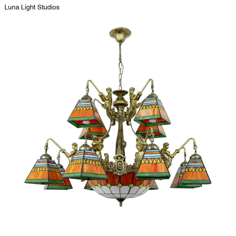 Pyramid Chandelier Tiffany-Style Stained Glass Lamp - 15 Lights Orange/Blue Ceiling Lighting