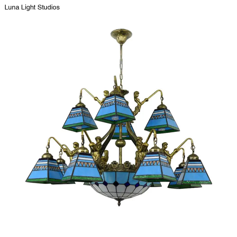 Pyramid Chandelier Tiffany-Style Stained Glass Lamp - 15 Lights Orange/Blue Ceiling Lighting