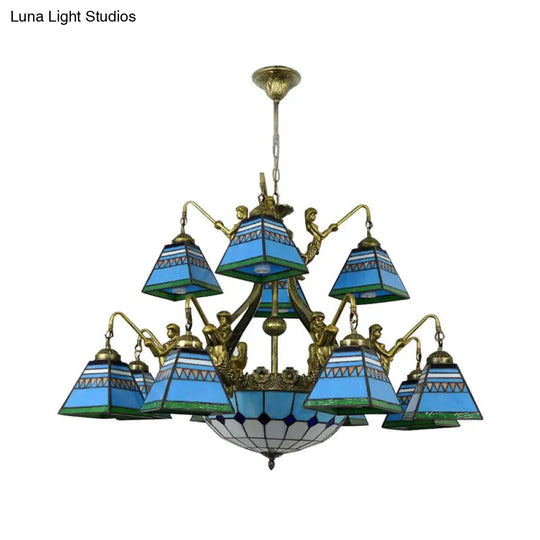 Pyramid Chandelier Tiffany-Style Stained Glass Lamp - 15 Lights Orange/Blue Ceiling Lighting