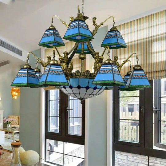 Tiffany-Style Orange/Blue Stained Glass Pyramid Chandelier: 15-Light Ceiling Lamp Blue