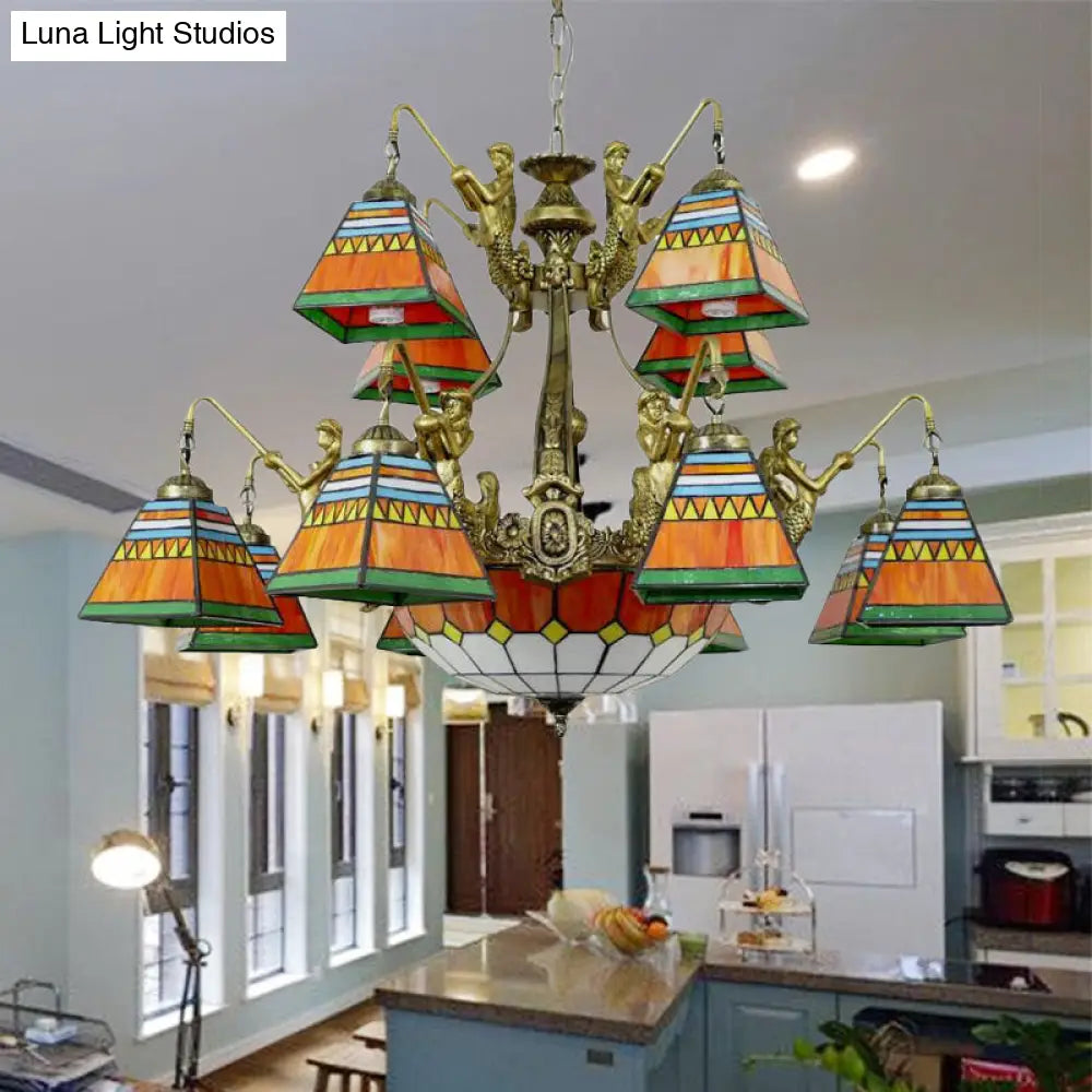 Pyramid Chandelier Tiffany-Style Stained Glass Lamp - 15 Lights Orange/Blue Ceiling Lighting Orange