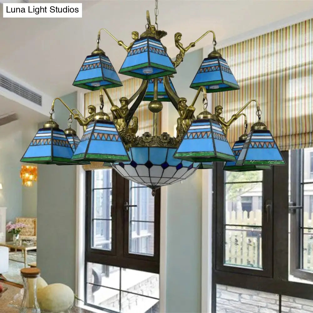 Pyramid Chandelier Tiffany-Style Stained Glass Lamp - 15 Lights Orange/Blue Ceiling Lighting Blue