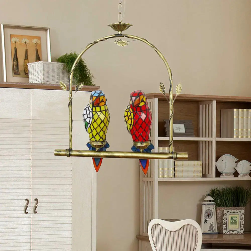 Tiffany Style Parrot Ceiling Light With Swing Perch - Blue/Pink & Red/Yellow Stainless Glass