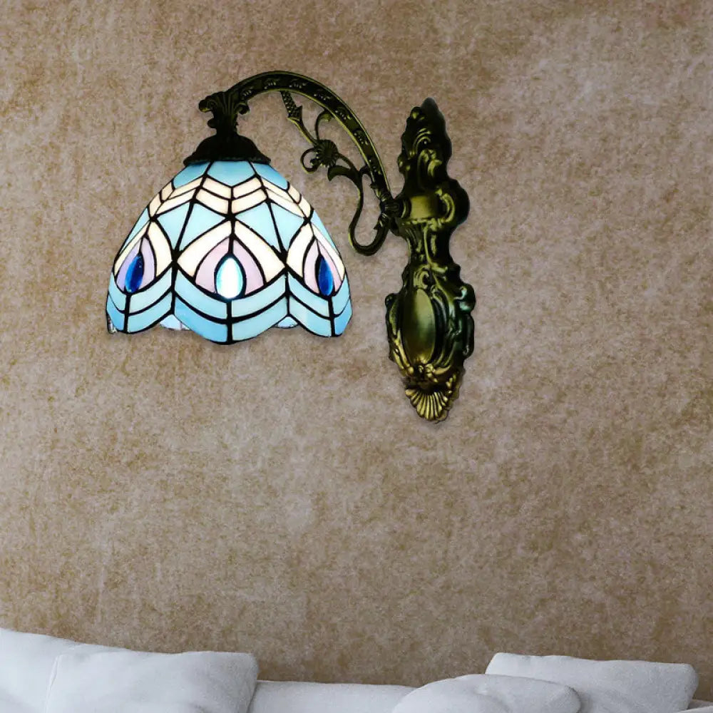 Tiffany-Style Peacock Wall Sconce With Stained Glass For Bedroom Lighting Blue