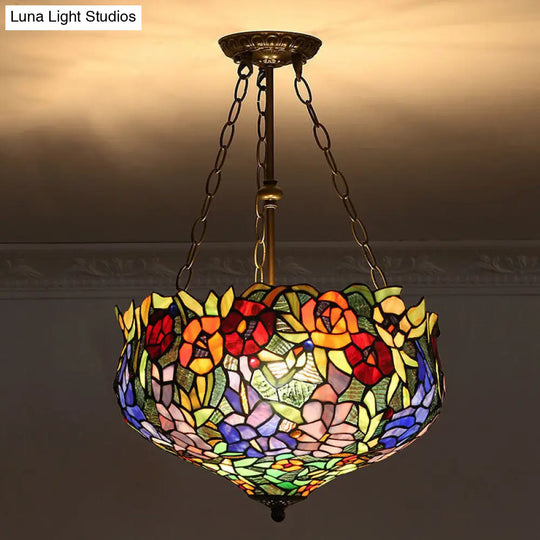 Tiffany-Style Stained Glass Pendant Ceiling Light - Bowl Shade Suspension Lighting Army Green