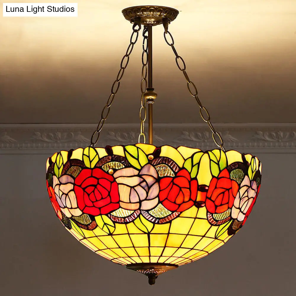 Tiffany-Style Stained Glass Pendant Ceiling Light - Bowl Shade Suspension Lighting Lemon Yellow