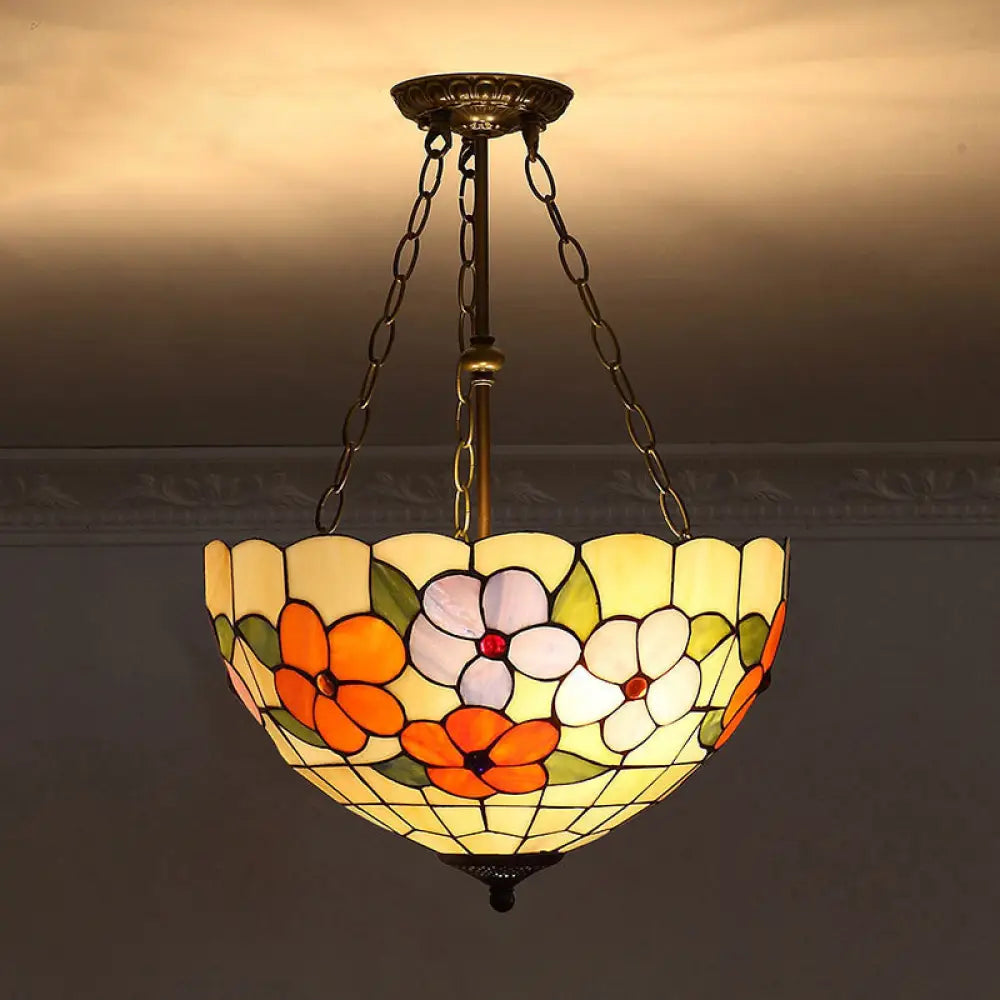 Tiffany-Style Pendant Light With Stained Art Glass Bowl Shade For Ceiling Suspension Beige