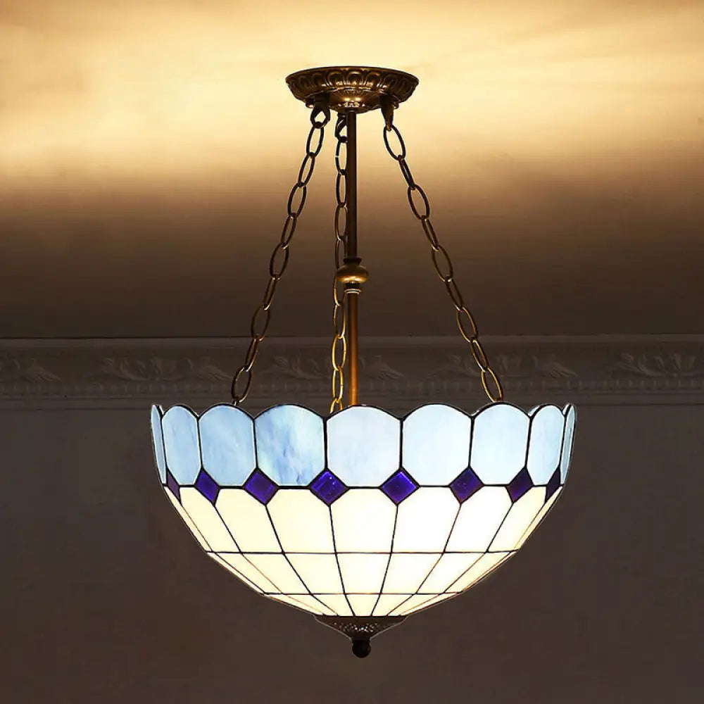 Tiffany-Style Pendant Light With Stained Art Glass Bowl Shade For Ceiling Suspension Blue