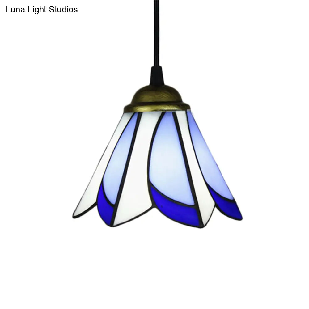 Tiffany-Style Pendulum Light: Handcrafted Art Glass Suspension Lamp In Blue/Green For Foyer