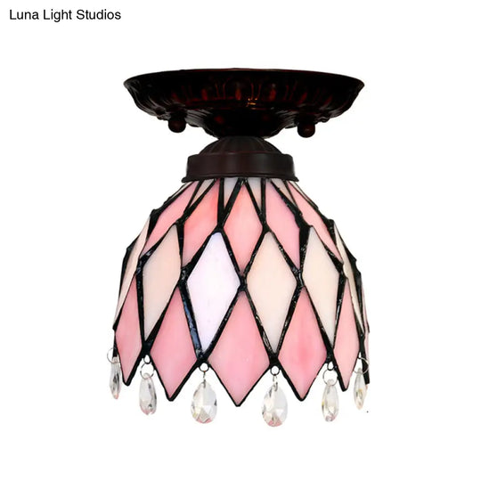 Tiffany Style Pink Glass Ceiling Flushmount Light Fixture - 1 Flower/Flared/Rhombus Design