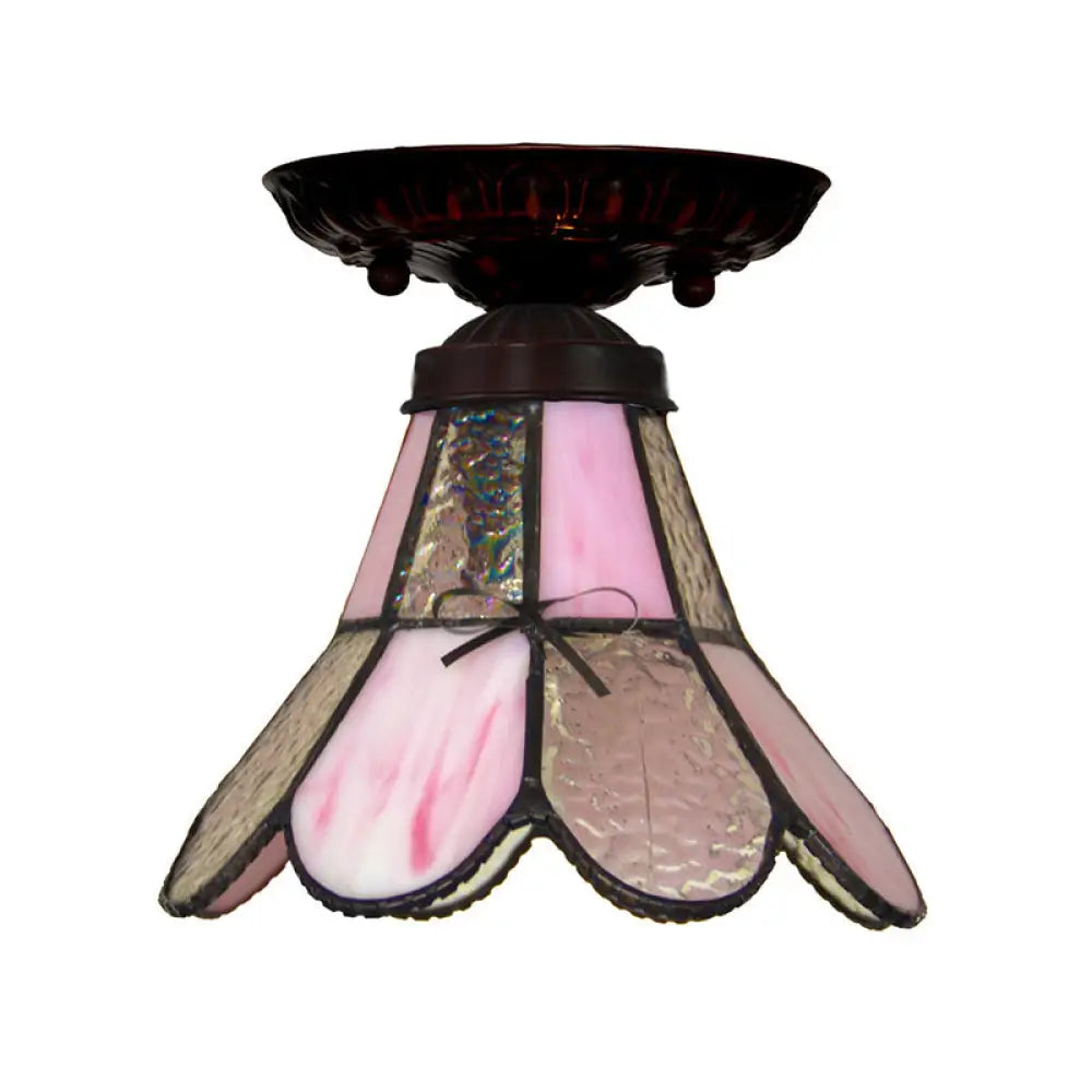 Tiffany Style Pink Glass Ceiling Flushmount Light Fixture - 1 Flower/Flared/Rhombus Design / Flared